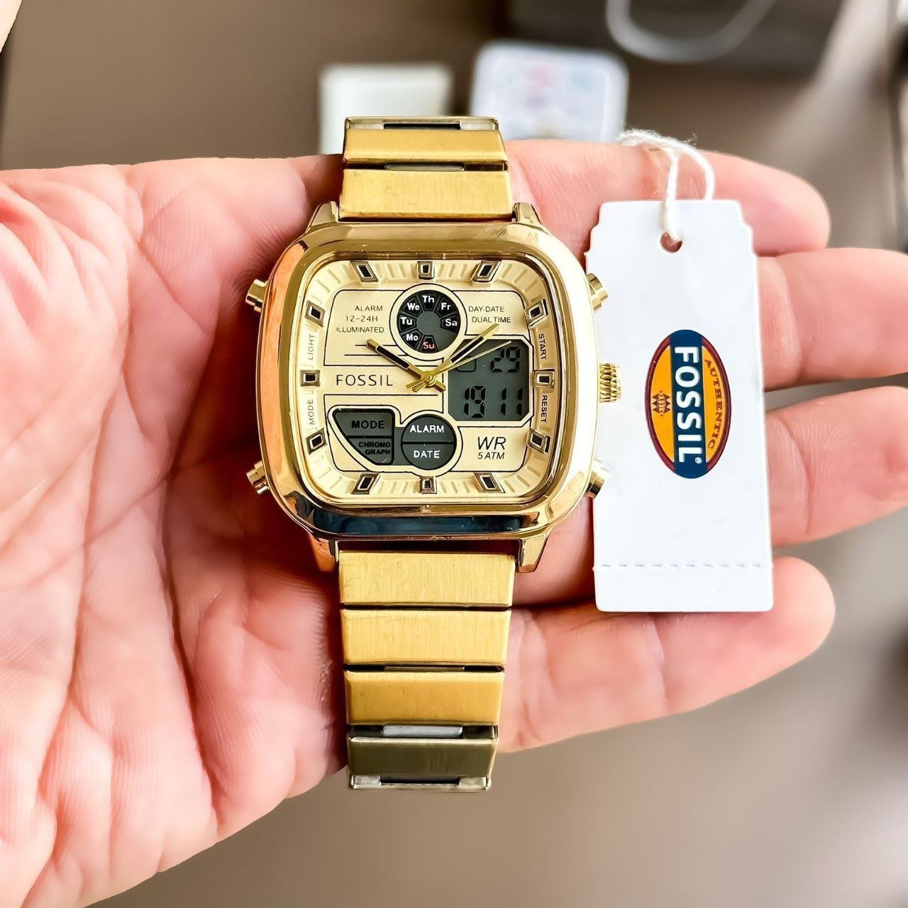 Fossil Retro-Engineered Hybrid / Square Ana-Digi Series (Gold-Tone Stainless Steel Square Case with Analog Hands, Digital LCD Sub-Display, Day Indicator, and Gold Link Bracelet)