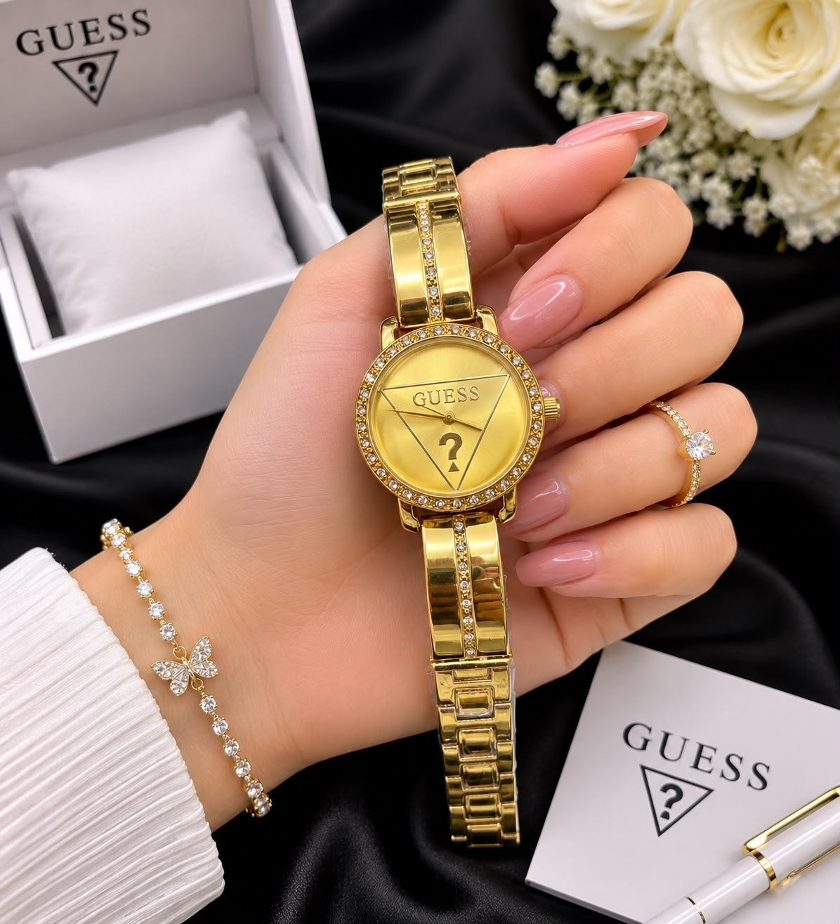GUESS Women's Crystal Triangle Logo Dress Watch