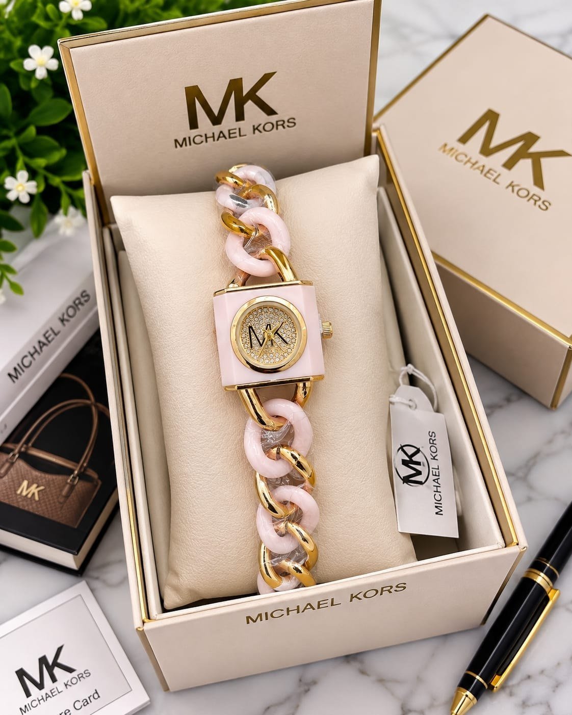 Michael Kors Chain Lock / Padlock Pink-Tone & Gold Women's Watch