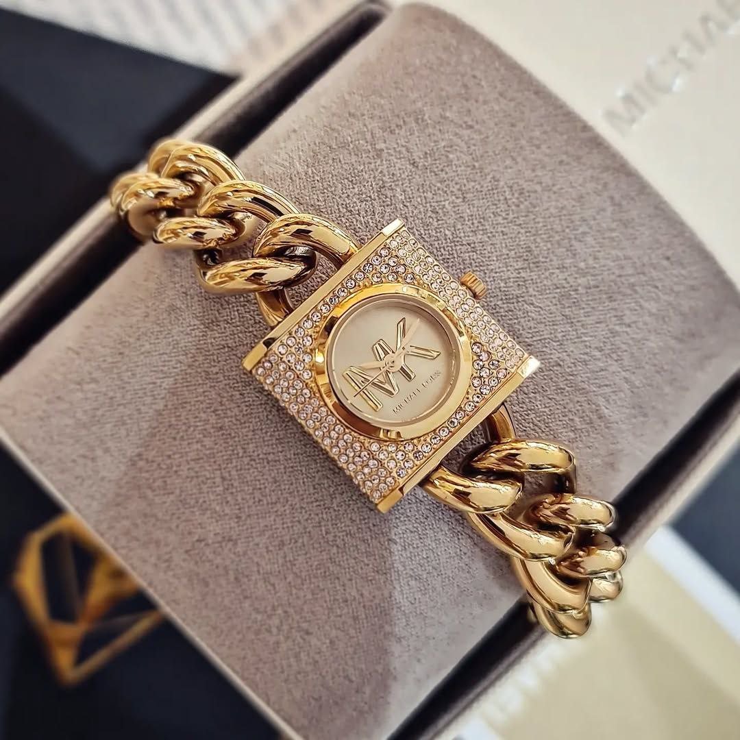 Michael Kors Fulton / Padlock Bracelet Watch (Gold-Tone Stainless Steel Case with Pavé Crystal Accent, Round Gold Dial with MK Logo, and Chunky Curb-Chain Link Bracelet)