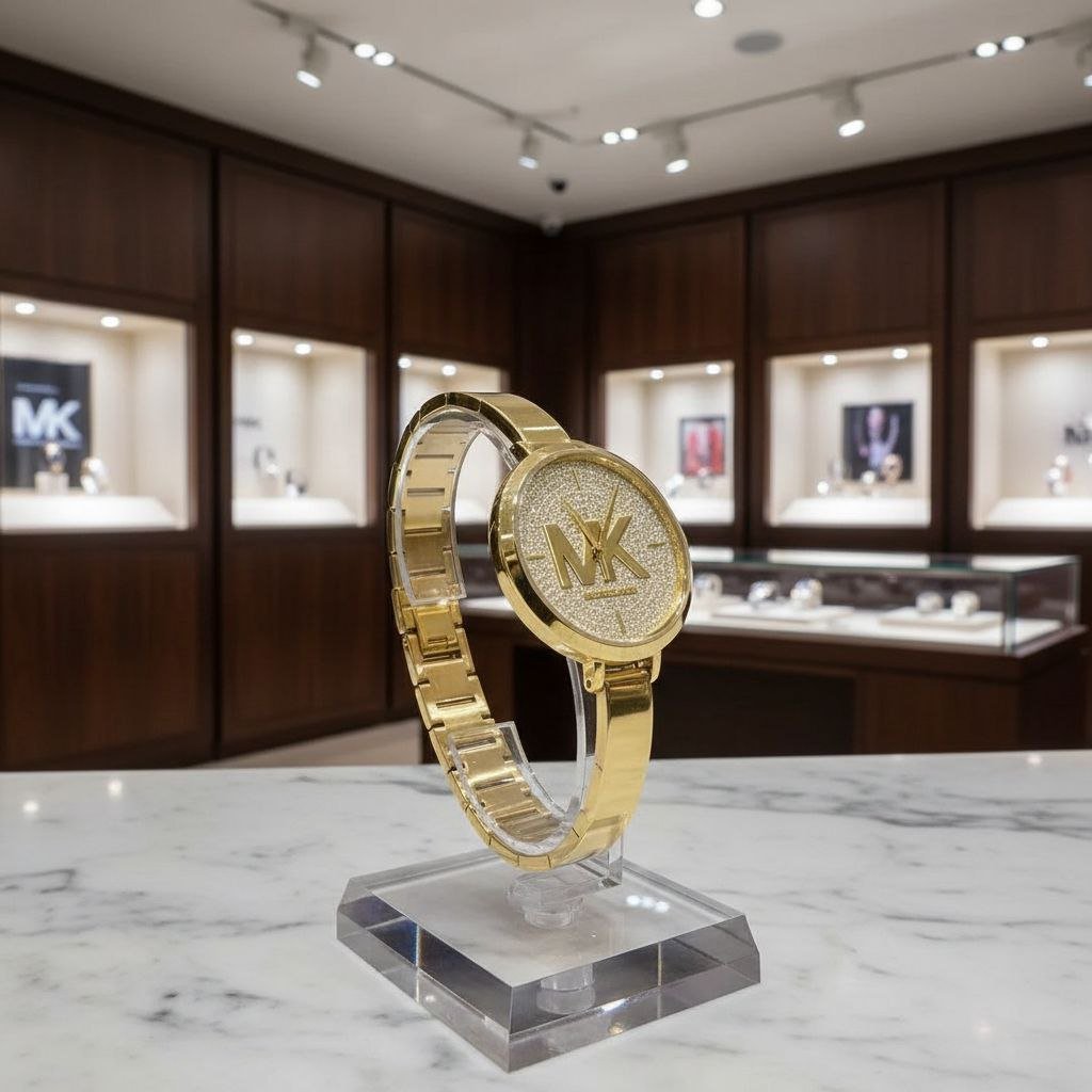 Michael Kors Pyper / Logo Pavé Bangle Watch (Gold-Tone Stainless Steel Case with Full Pavé Crystal Dial, Giant MK Logo, and Solid Bangle Strap)