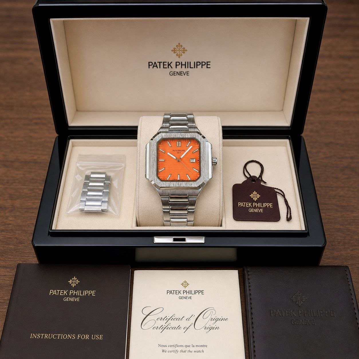 Patek Philippe Cubitus (Square Case with Custom/Vibrant Orange Horizontally Embossed Dial and Integrated Bracelet)