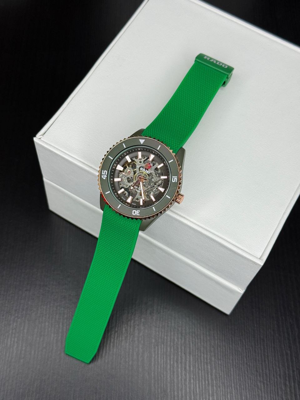 Rado Captain Cook High-Tech Ceramic Skeleton (Olive-Green & Rose Gold Accent Edition with Matching Green Rubber Strap)