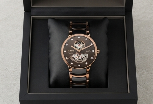 Rado Centrix Automatic Open Heart Jubilé — Rose Gold PVD and Stainless Steel Case with Brown Half-Skeleton Dial, Diamond Hour Markers, and Brown High-Tech Ceramic Link Bracelet