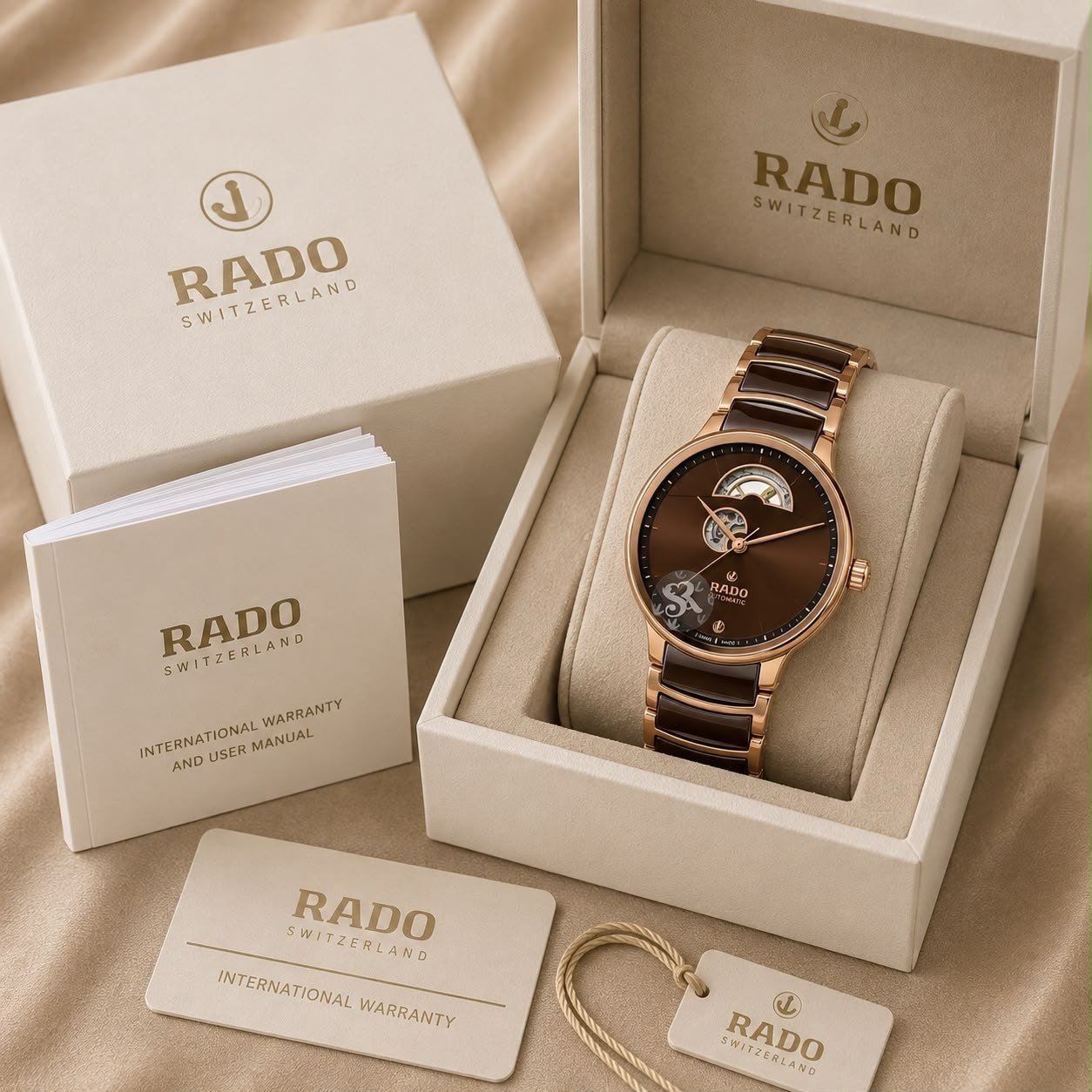 Rado Centrix Automatic Open Heart — Rose Gold PVD and Stainless Steel Case with Brown Dial, Open-Heart Movement Window, and Brown High-Tech Ceramic Link Bracelet