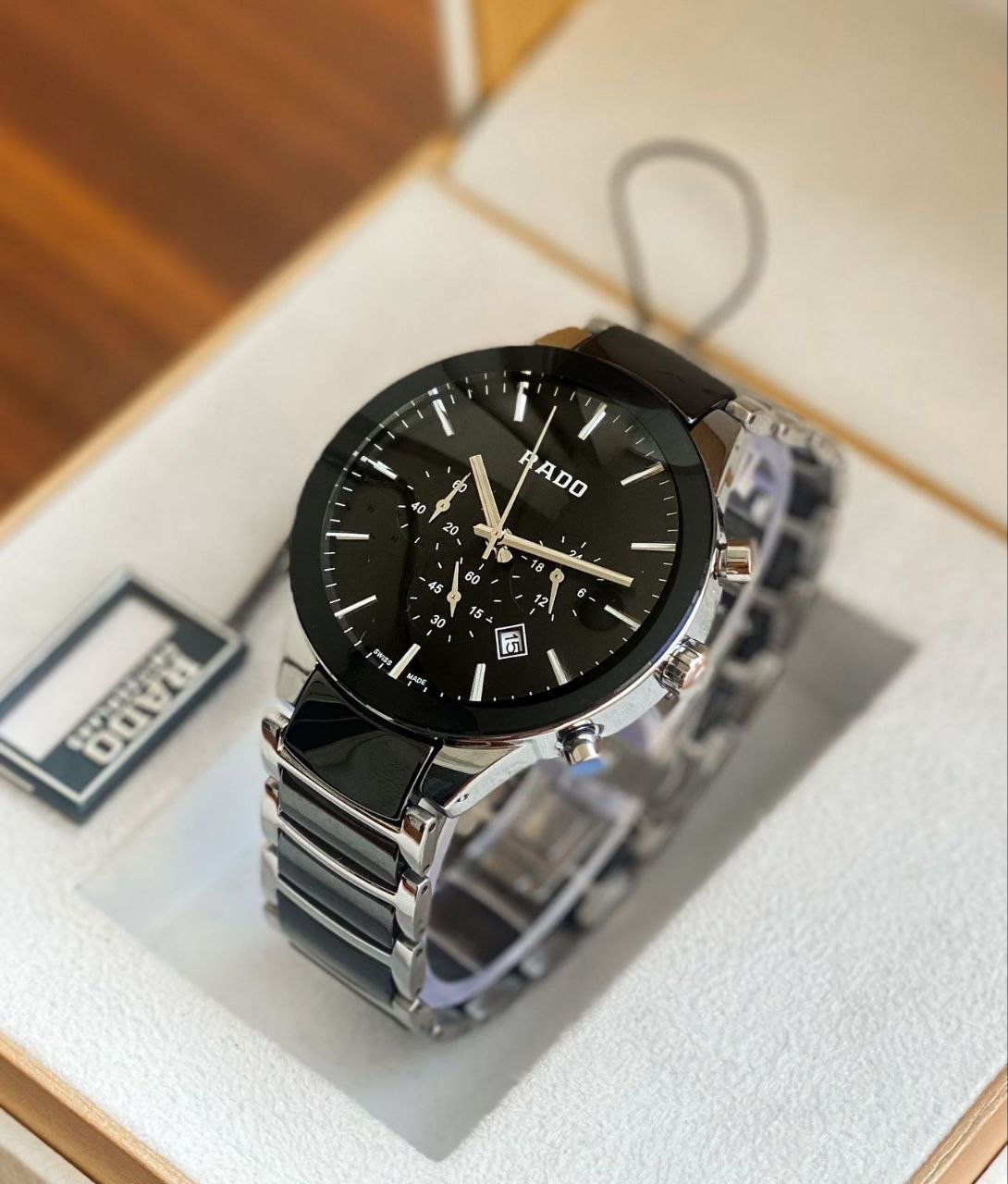 Rado Centrix Chronograph (Rose-Gold and High-Tech Black Ceramic Case with Black Dial, Rose-Gold Accents, and Two-Tone Ceramic/Steel Bracelet) — Model
