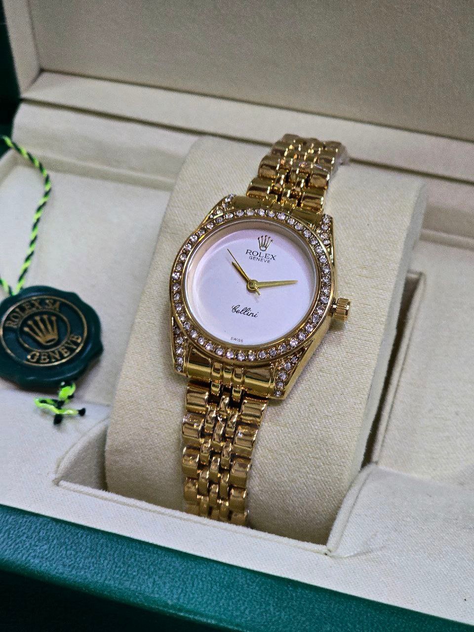 Rolex Cellini Geneve (Yellow Gold-Tone Edition with Diamond Bezel, White Dial, and Gold Link Bracelet)