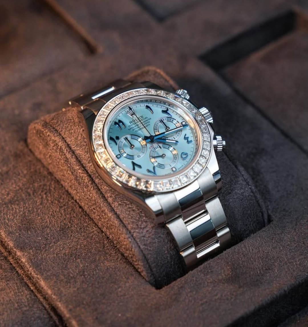 Rolex Cosmograph Daytona "Eastern Arabic Dial" (Platinum Case with Diamond-Set Bezel, Ice-Blue Sunburst Dial featuring Eastern Arabic Numerals, and Oyster Bracelet)