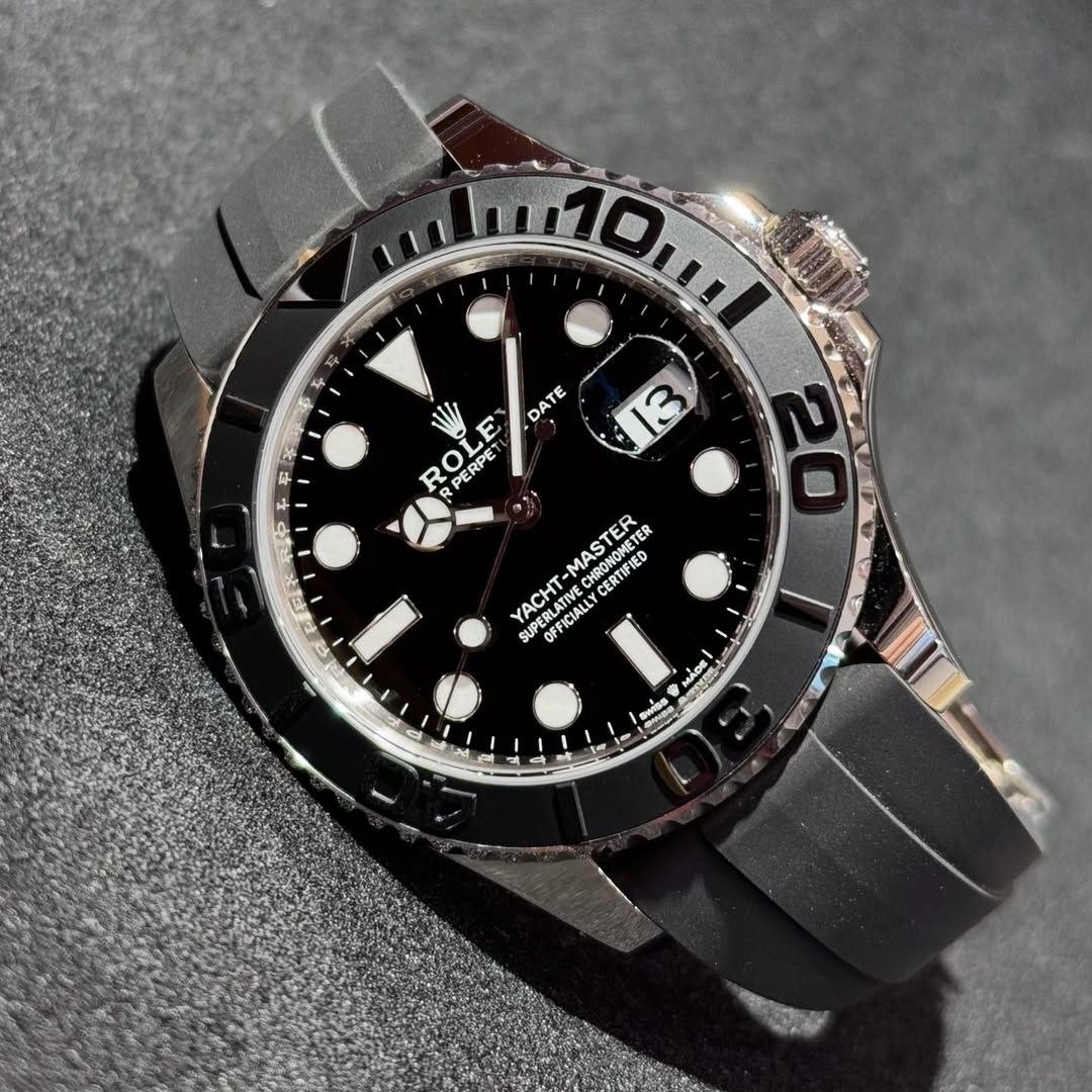 Rolex Yacht-Master 42 (Oystersteel or White/Yellow Gold Case with Matte Black Cerachrom Bezel, Glossy Black Dial, and Black Rubber Oysterflex Strap) — Model