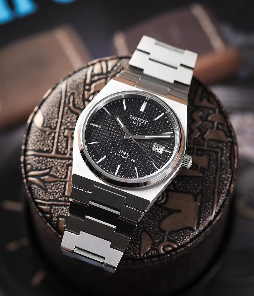 Tissot PRX Powermatic 80 (Stainless Steel Tonneau Case with Black Waffle-Pattern Dial, Slim Hands, Date Window, and Integrated Steel Bracelet) — Model