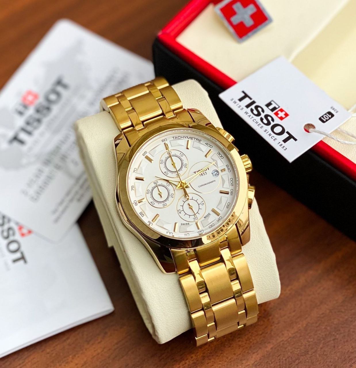 Tissot PR 100 Chronograph (Full Yellow Gold-Plated Edition) — Gold-Plated Stainless Steel Case with Champagne Dial, Tachymeter Bezel, and Gold Link Bracelet