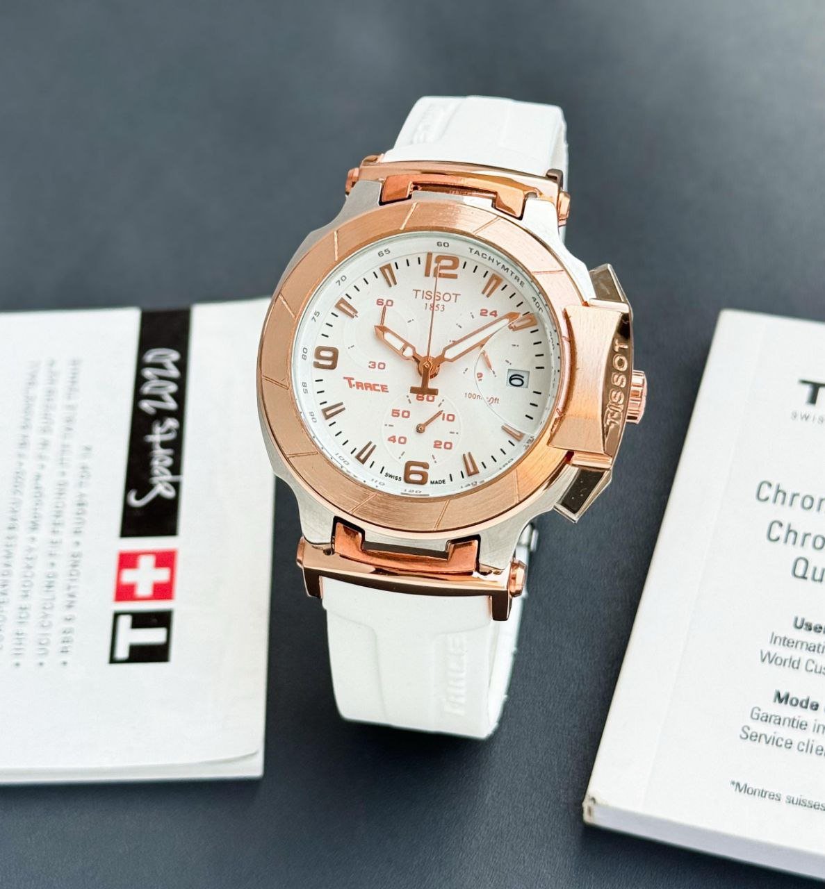 Tissot T-Race Chronograph (White Dial with Rose-Gold PVD Bezel and White Rubber Strap Edition)