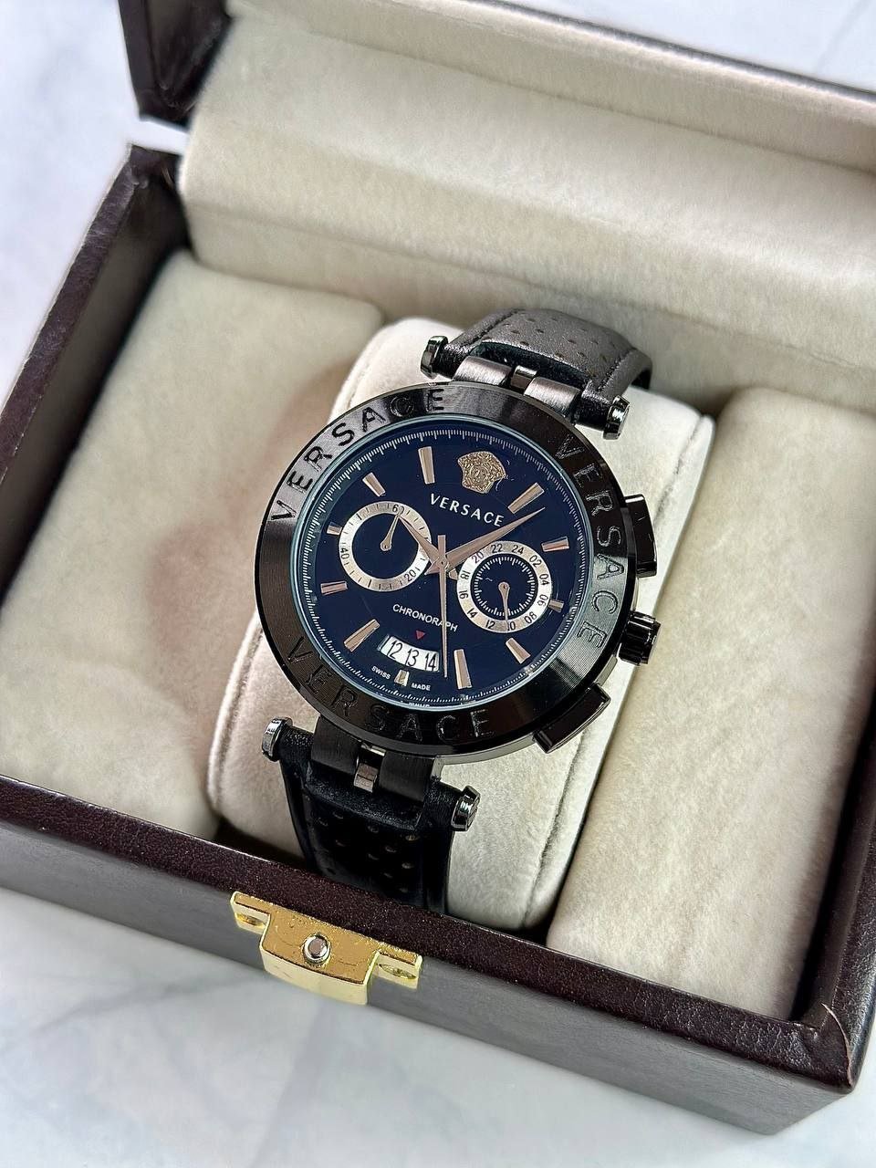 Versace Chrono Sport / V-Race Chronograph Edition (Black Ion-Plated Stainless Steel Case with Two-Tone Bezel, Black Dial, Medusa Head Logo, Chronograph Sub-dials, Date Window, and Perforated Black Leather Strap)